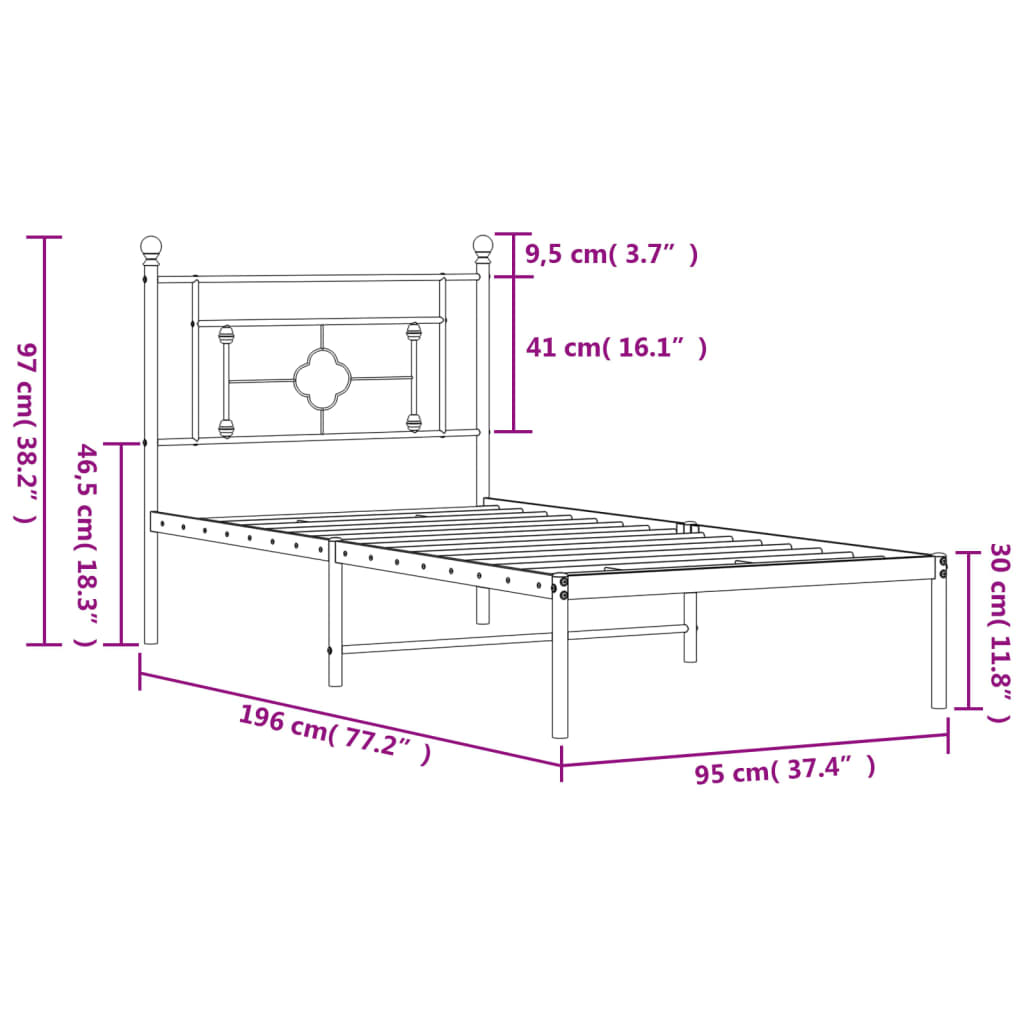 vidaXL Kovinski posteljni okvir z vzglavjem črn 90x190 cm