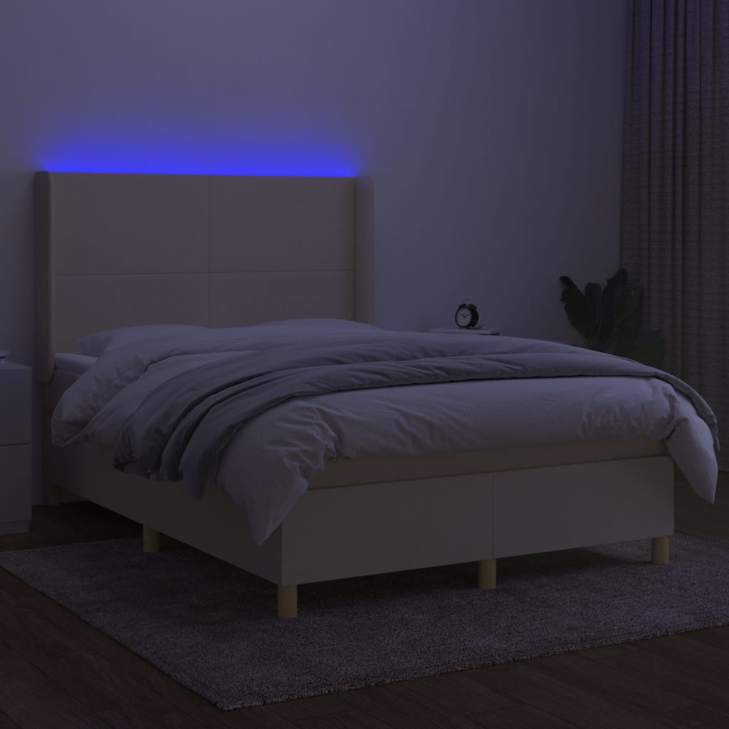 vidaXL Box spring postelja z vzmetnico LED krem 140x190 cm blago