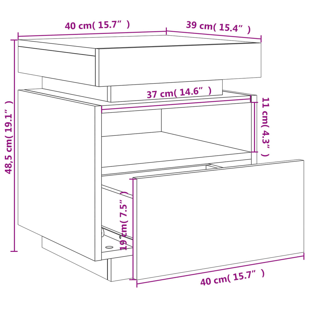 vidaXL Nočna omarica z LED lučkami siva sonoma 40x39x48,5 cm