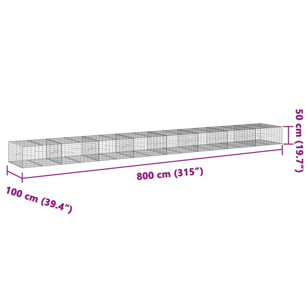 vidaXL Gabionska košara s pokrovom 800x100x50 cm pocinkano železo