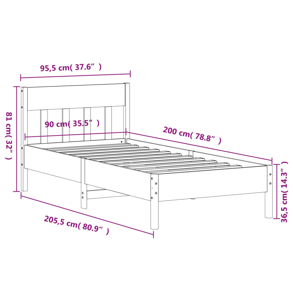 vidaXL Posteljni okvir brez vzmetnice 90x200 cm trdna borovina