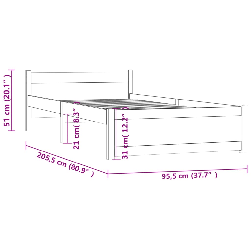 vidaXL Posteljni okvir bel iz trdnega lesa 90x200 cm