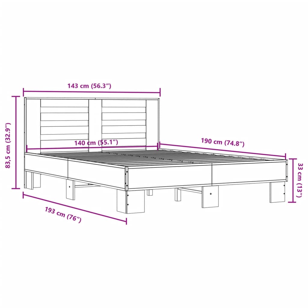 vidaXL Posteljni okvir siva sonoma 140x190 cm inž. les in kovina