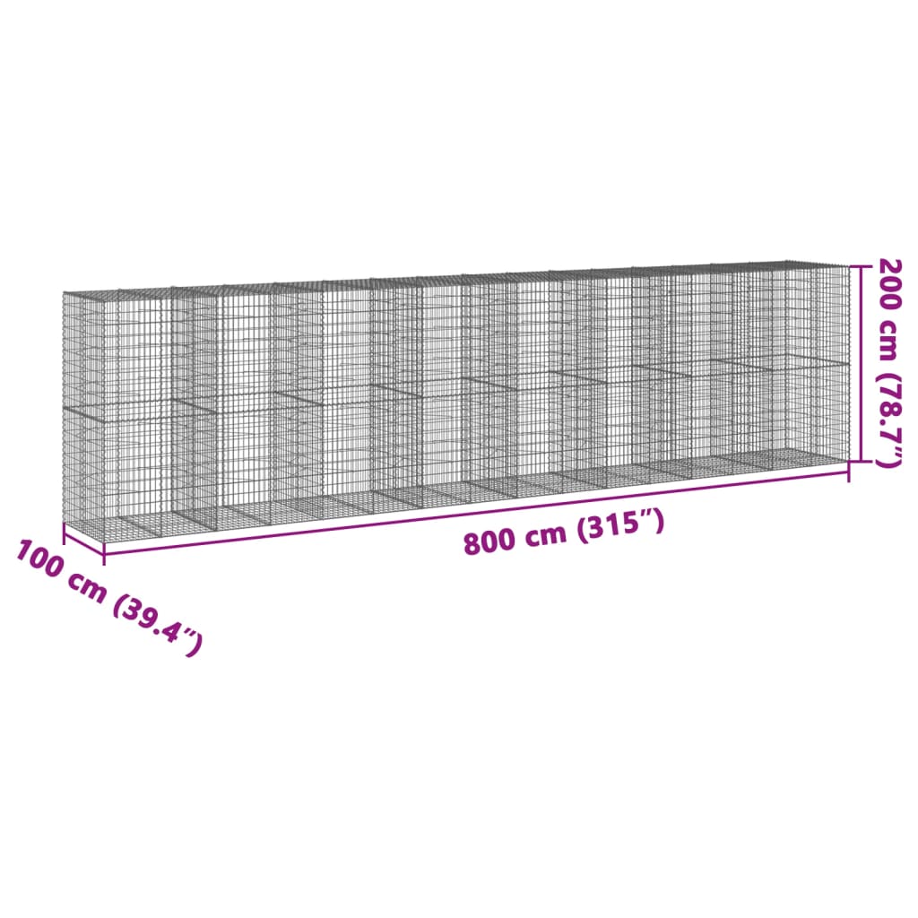 vidaXL Gabionska košara s pokrovom 800x100x200 cm pocinkano železo