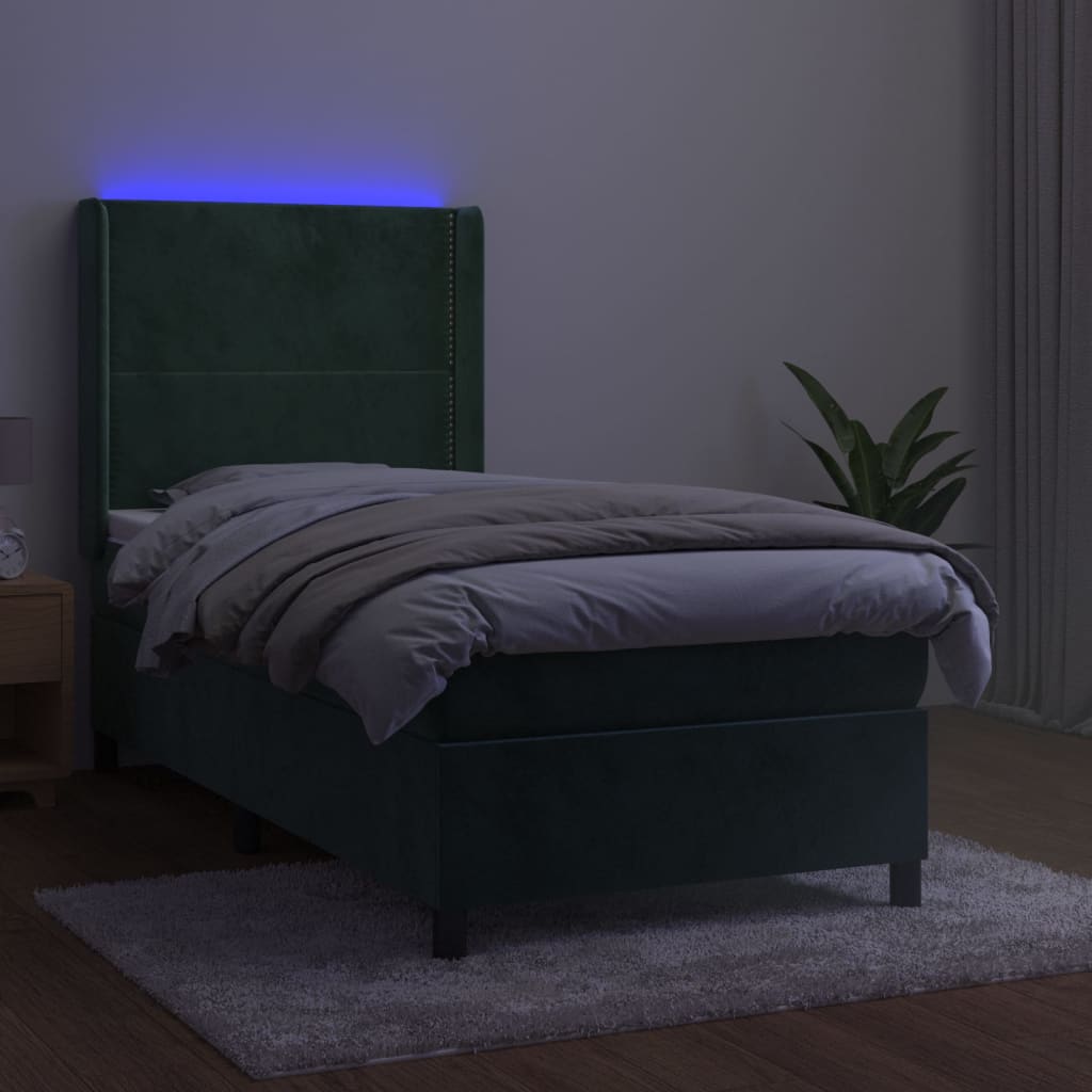 vidaXL Box spring postelja z vzmetnico LED tem. zelena 80x200 cm žamet