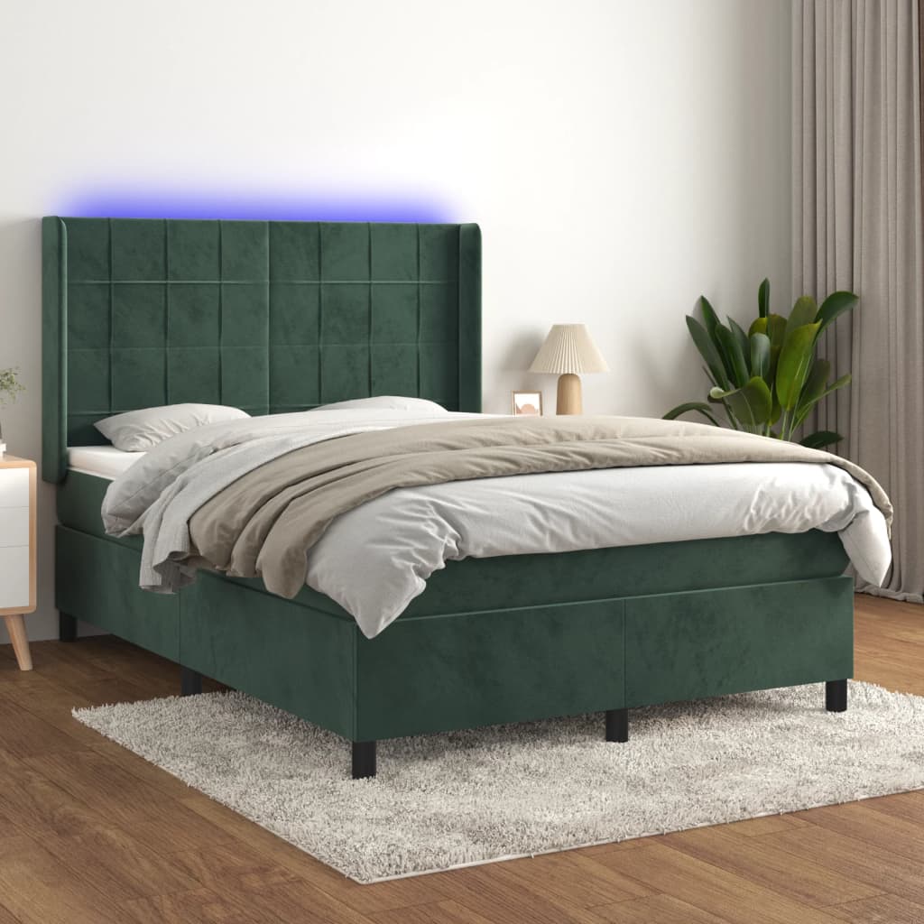 vidaXL Box spring postelja z vzmetnico LED tem. zelena 140x190cm žamet