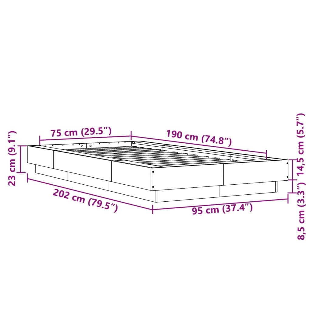 vidaXL Posteljni okvir z LED lučkami rjavi hrast 75x190 cm inž. les