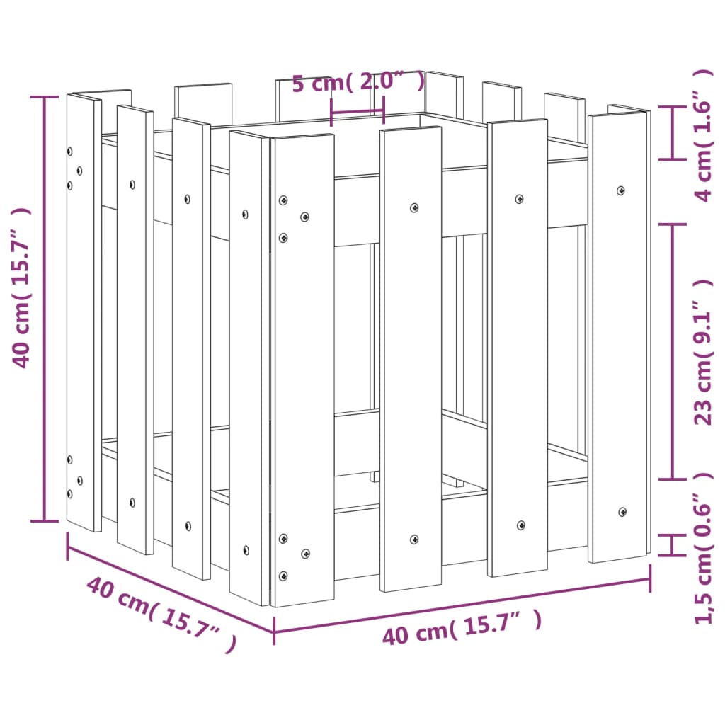 vidaXL Vrtno korito z ograjico belo 40x40x40 cm trdna borovina