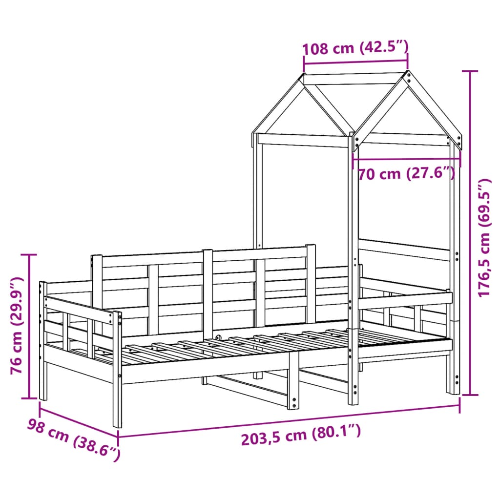 vidaXL Dnevna postelja s streho 90x200 cm trdna borovina