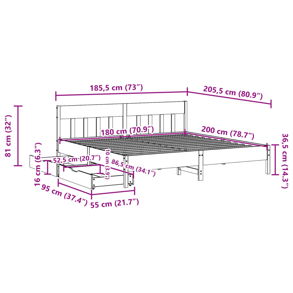 vidaXL Posteljni okvir brez vzmetnice bel 180x200 cm trdna borovina