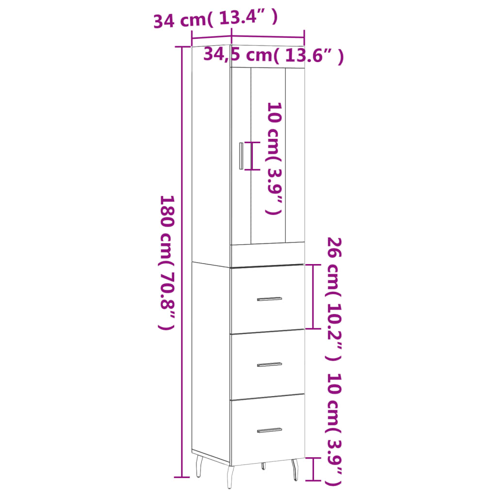 vidaXL Visoka omara bela 34,5x34x180 cm inženirski les