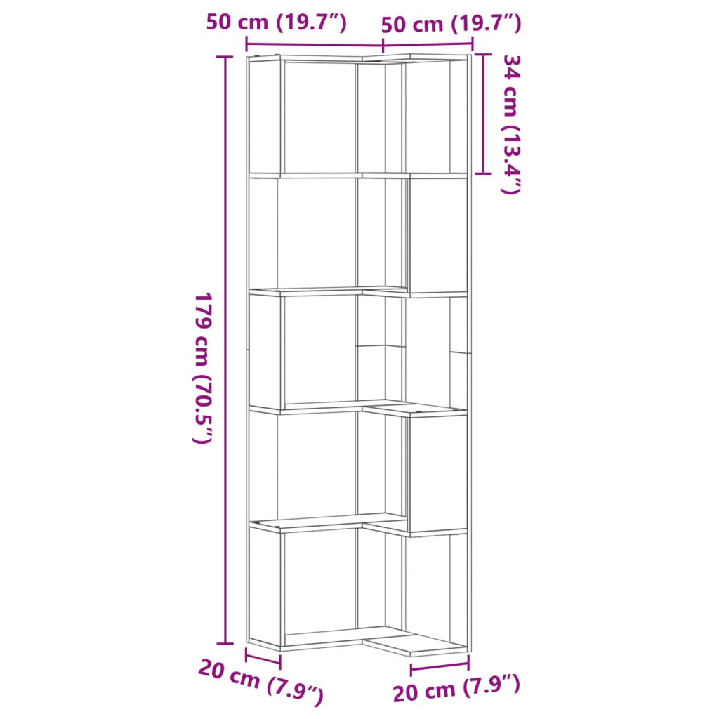 vidaXL Kotna knjižna omara 5-nadstropna sonoma hrast 50x50x179 cm