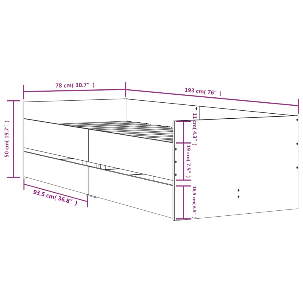 vidaXL Posteljni okvir s predali betonsko siv 75x190 cm