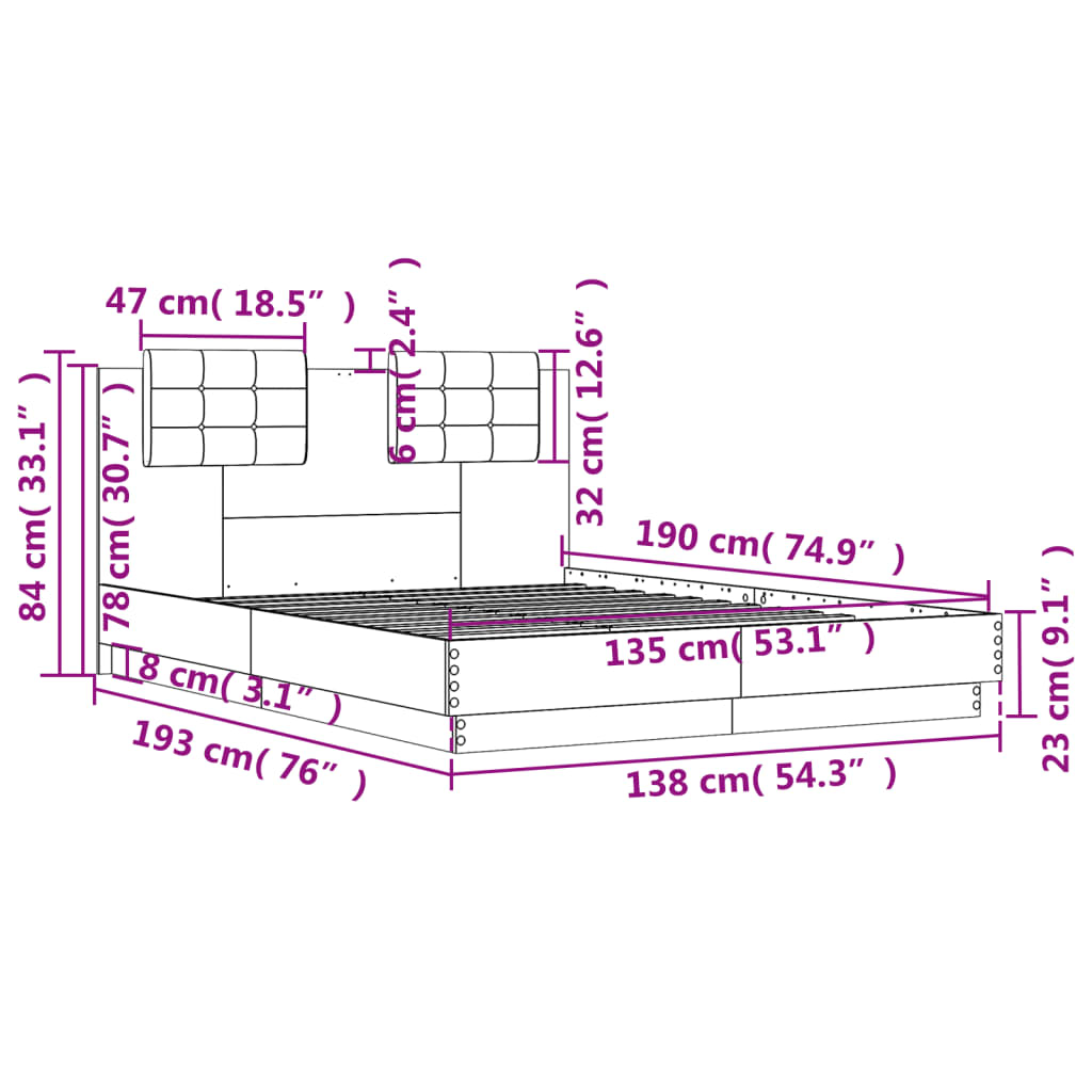 vidaXL Posteljni okvir z vzglavjem siva sonoma 135x190 cm inž. les