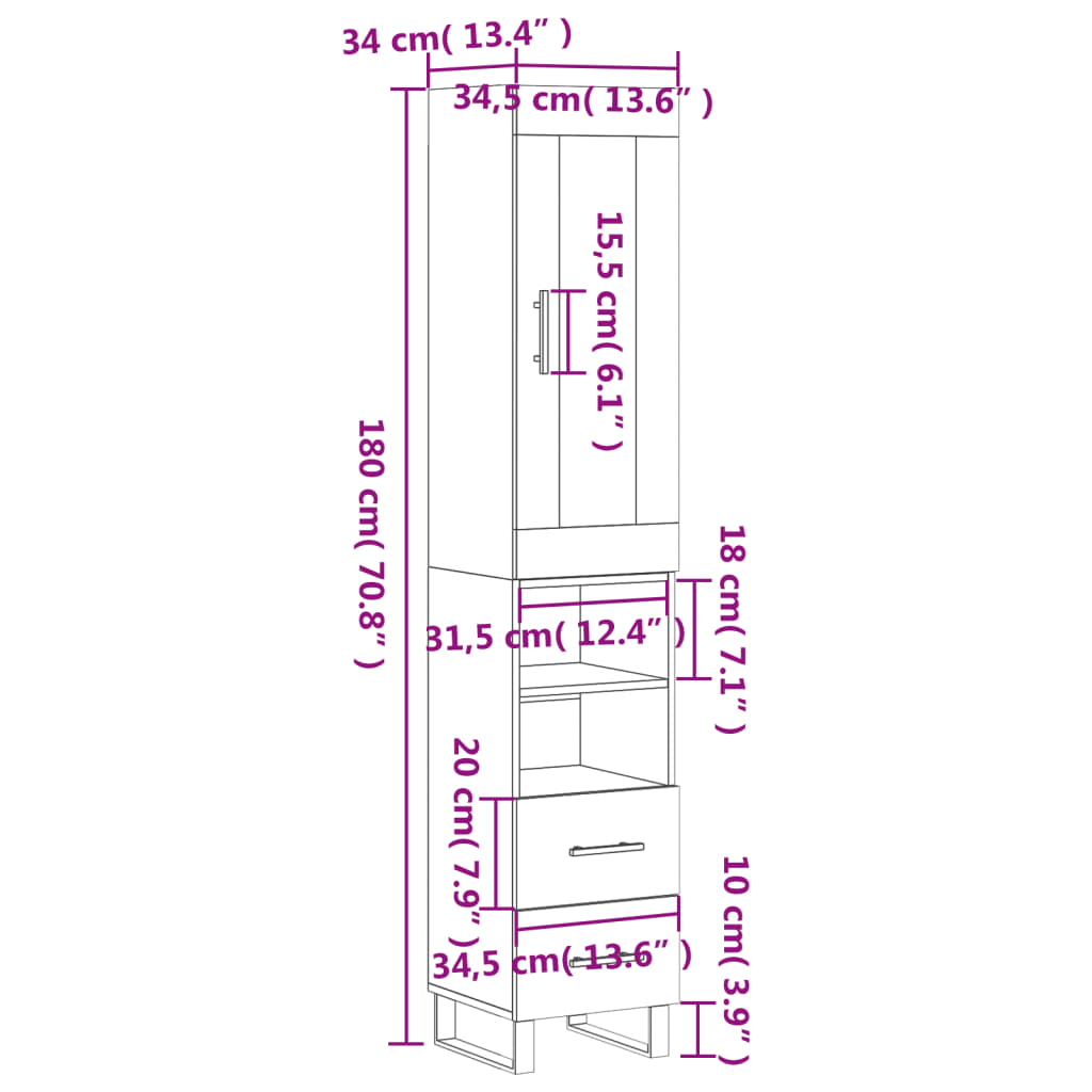 vidaXL Visoka omara visok sijaj bela 34,5x34x180 cm inženirski les