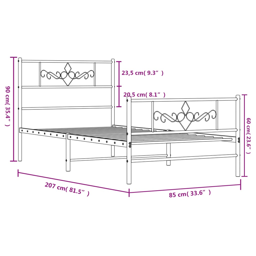 vidaXL Kovinski posteljni okvir z vzglavjem in vznožjem črn 80x200 cm