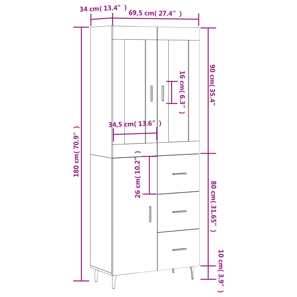 vidaXL Visoka komoda rjav hrast 69,5x34x180 cm inženirski les