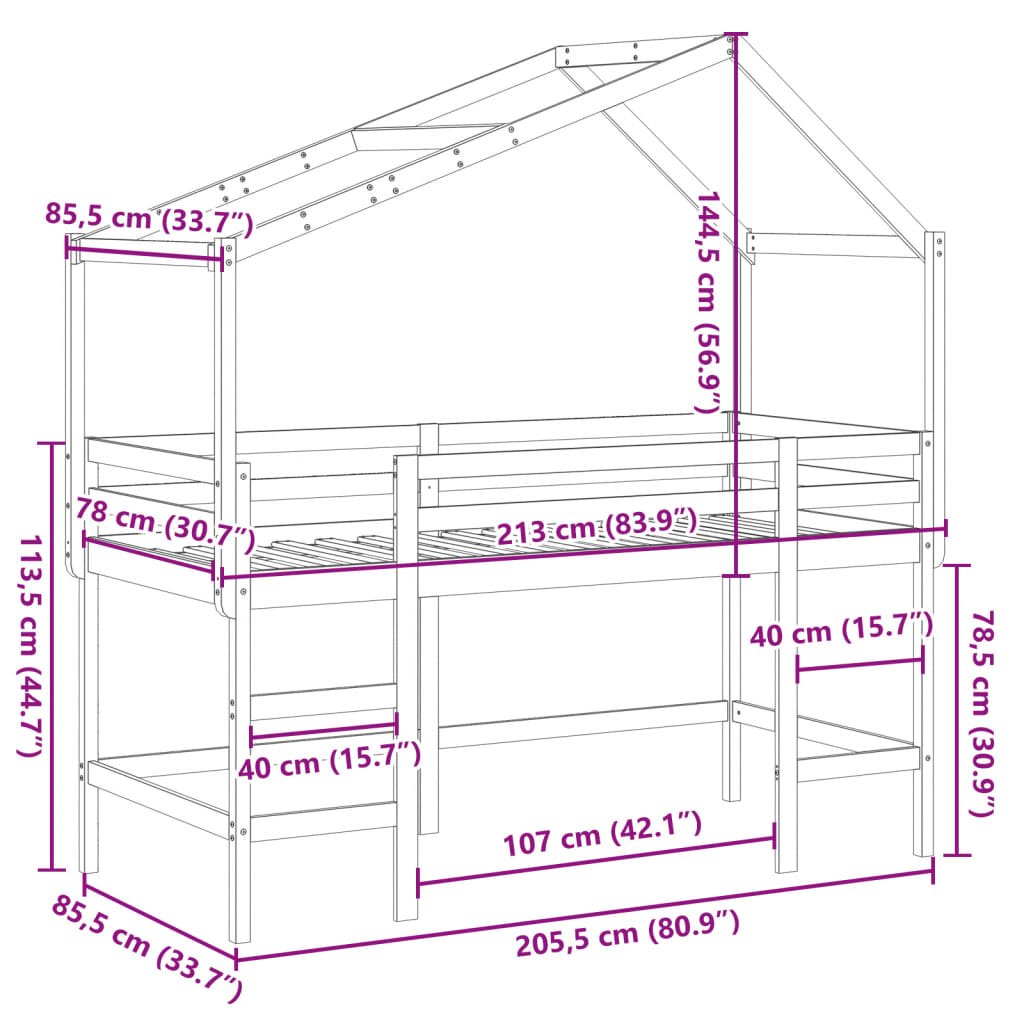 vidaXL Posteljni okvir z lestvijo in streho 80x200 cm borovina