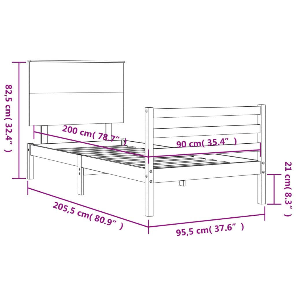 vidaXL Posteljni okvir z vzglavjem bel 90x200 cm trden les