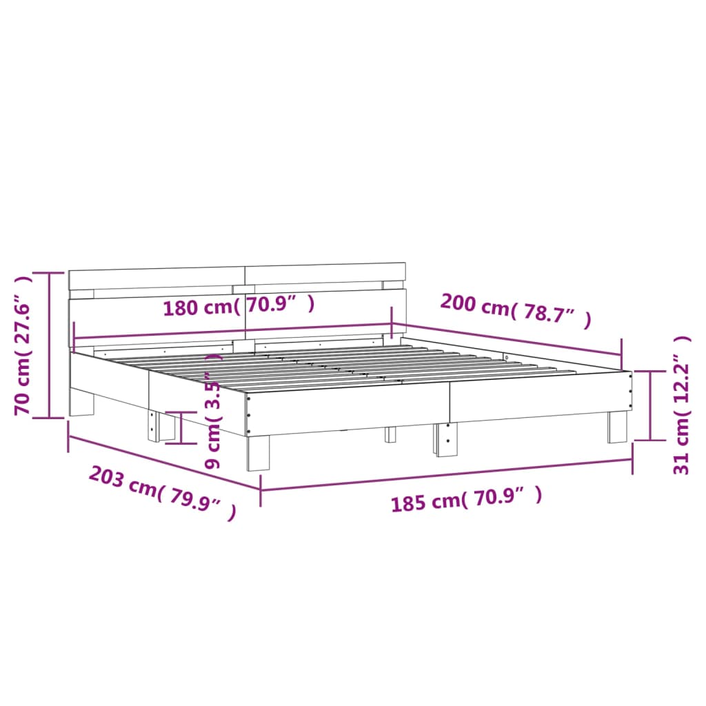 vidaXL Posteljni okvir z vzglavjem bel 180x200 cm inženirski les