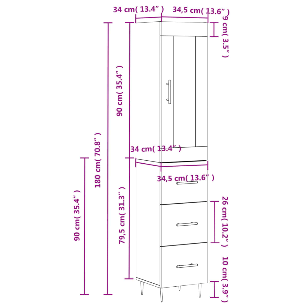 vidaXL Visoka omara siva sonoma 34,5x34x180 cm inženirski les