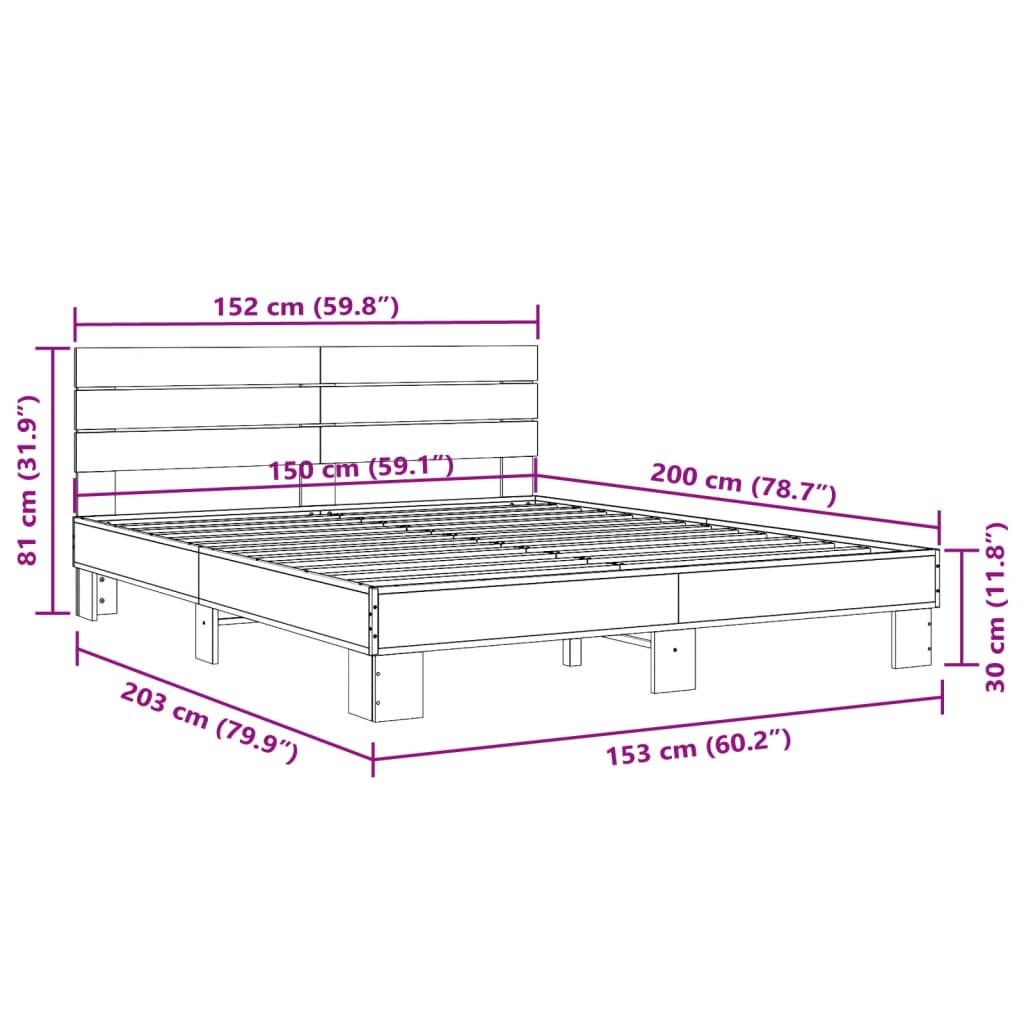 vidaXL Posteljni okvir dimljeni hrast 150x200 cm inž. les in kovina