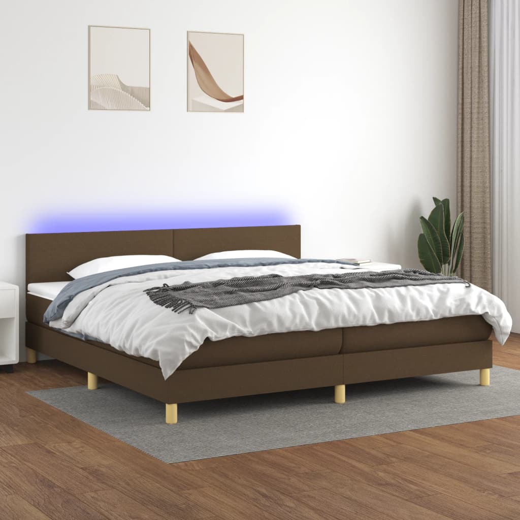 vidaXL Box spring postelja z vzmetnico LED temno rjava 200x200cm blago