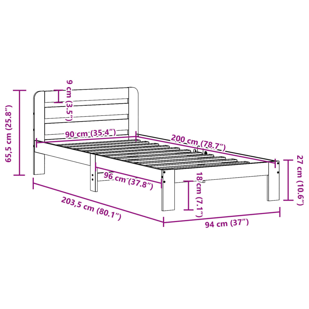 vidaXL Posteljni okvir brez vzmetnice bel 90x200 cm trdna borovina