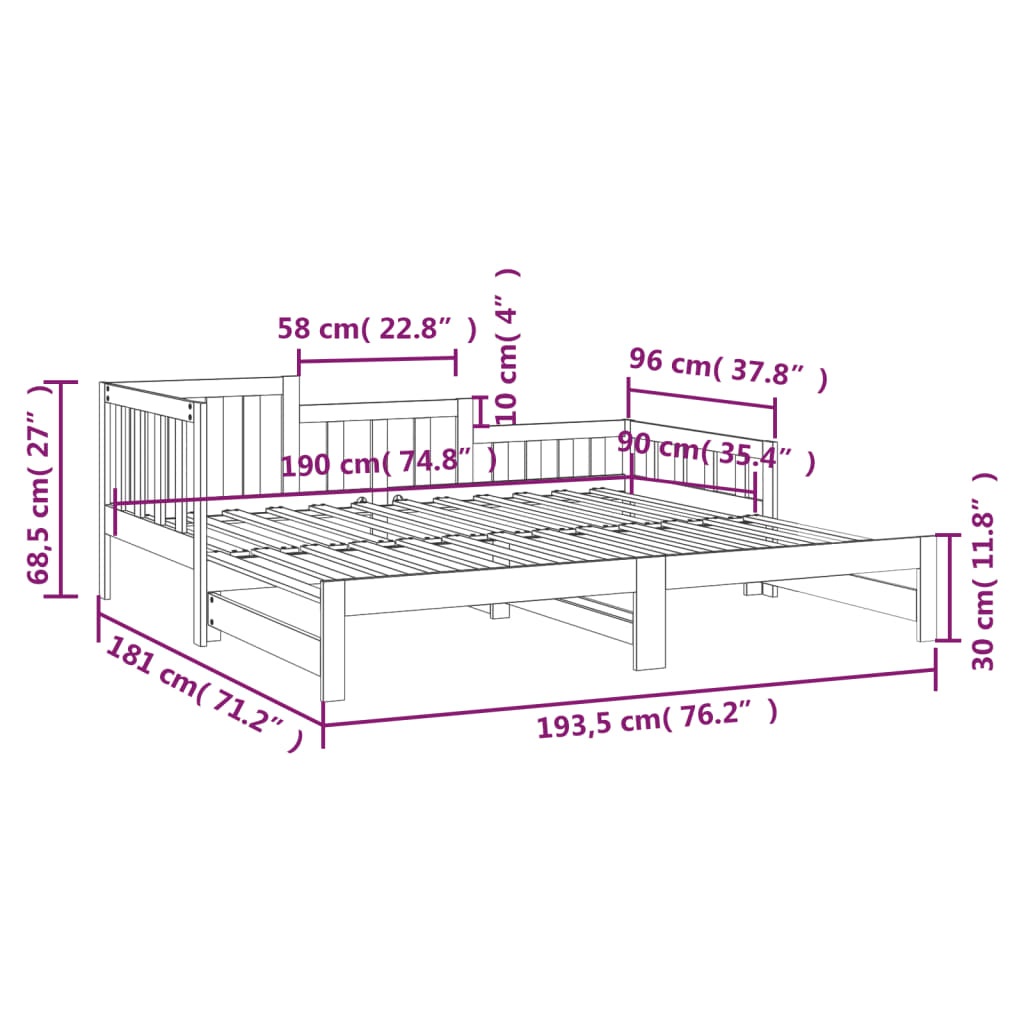 vidaXL Izvlečna dnevna postelja bela 2x(90x190) cm trdna borovina