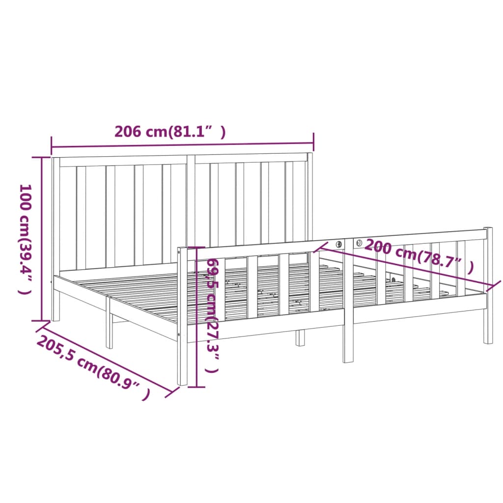 vidaXL Posteljni okvir črn iz trdne borovine 200x200 cm