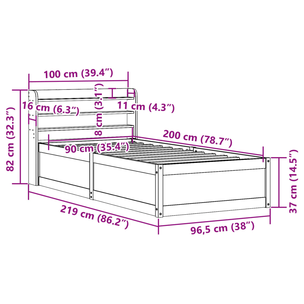 vidaXL Posteljni okvir z vzglavjem bel 90x200 cm trdna borovina