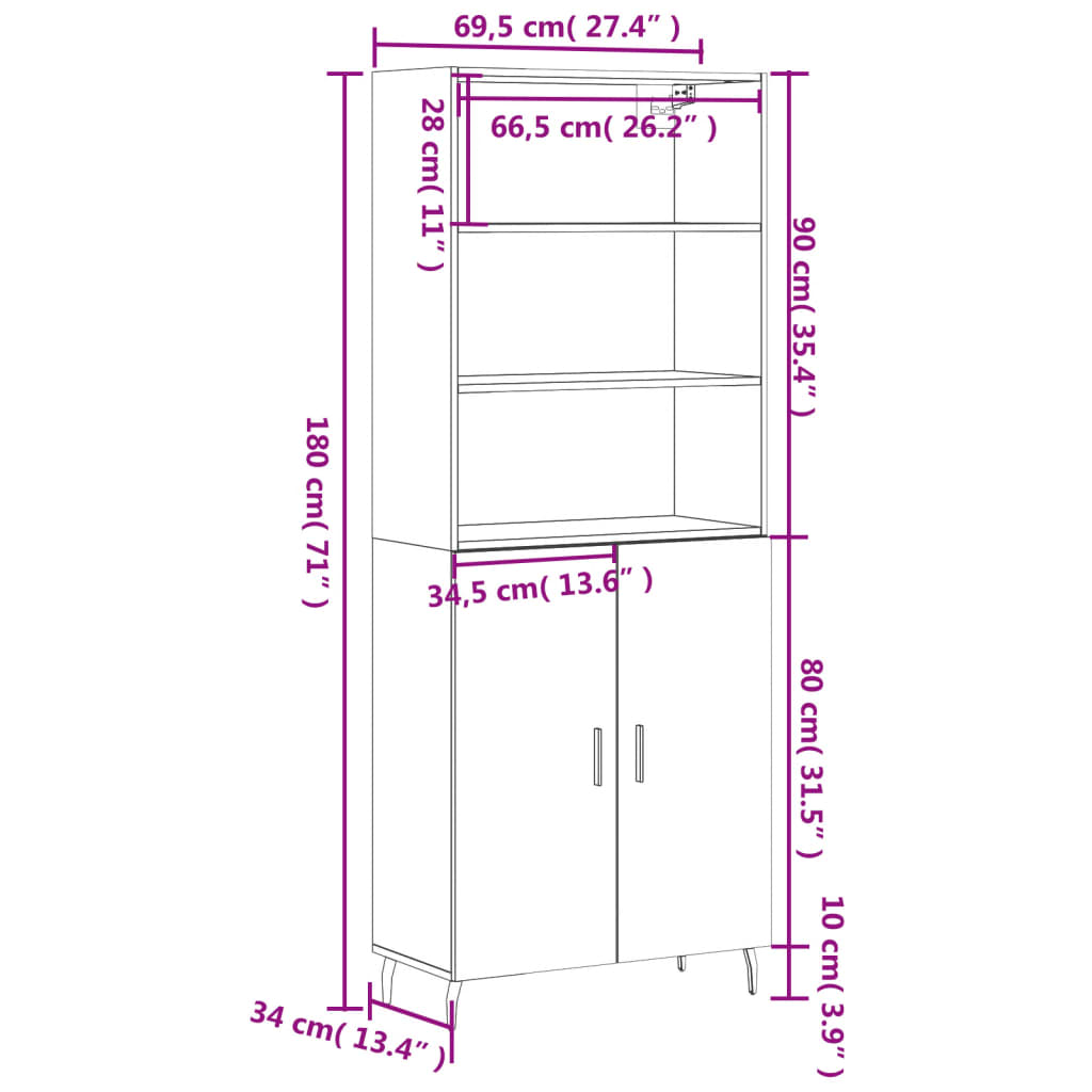 vidaXL Visoka komoda dimljen hrast 69,5x34x180 cm inženirski les