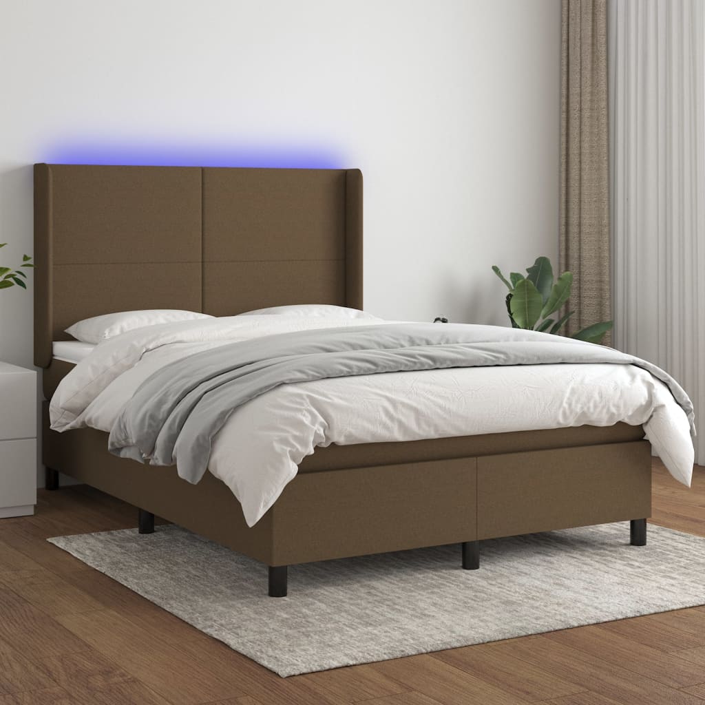 vidaXL Box spring postelja z vzmetnico LED temno rjava 140x190cm blago