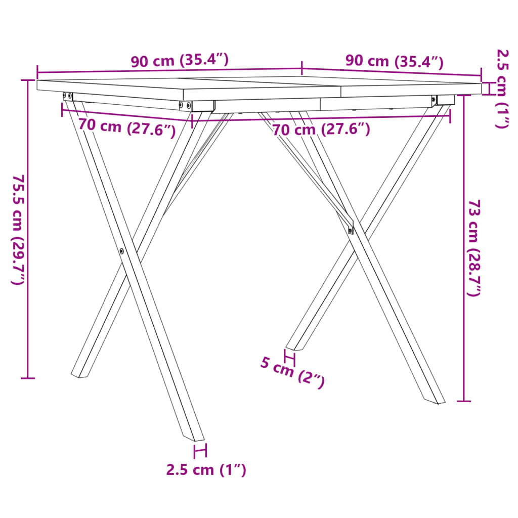 vidaXL Jedilna miza X okvir 90x90x75,5 cm trdna borovina lito železo