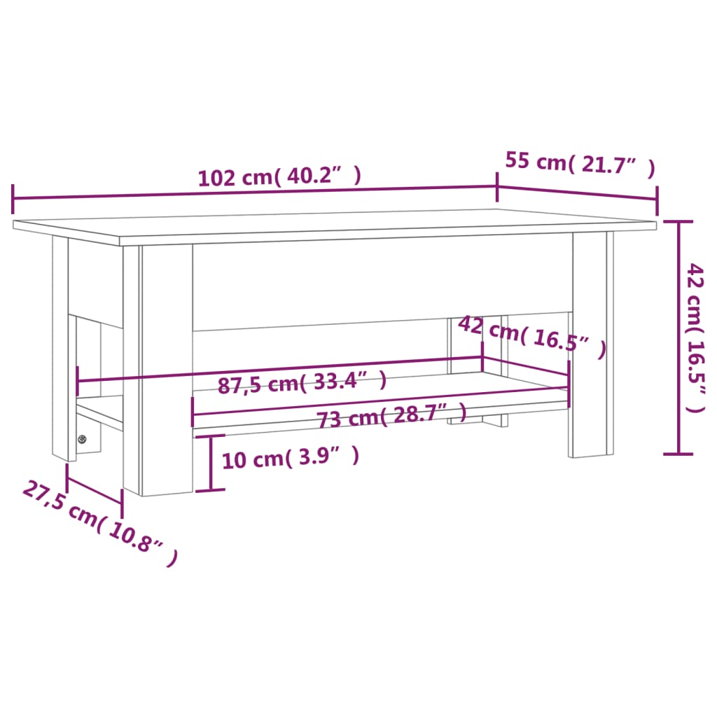 vidaXL Klubska mizica visok sijaj bela 102x55x42 cm iverna plošča