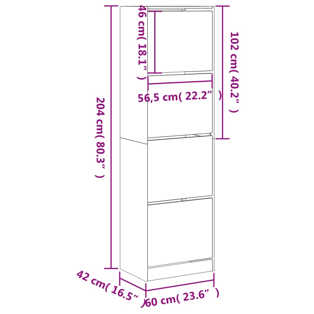 vidaXL Omarica za čevlje s 4 predali betonsko siva 60x42x204 cm