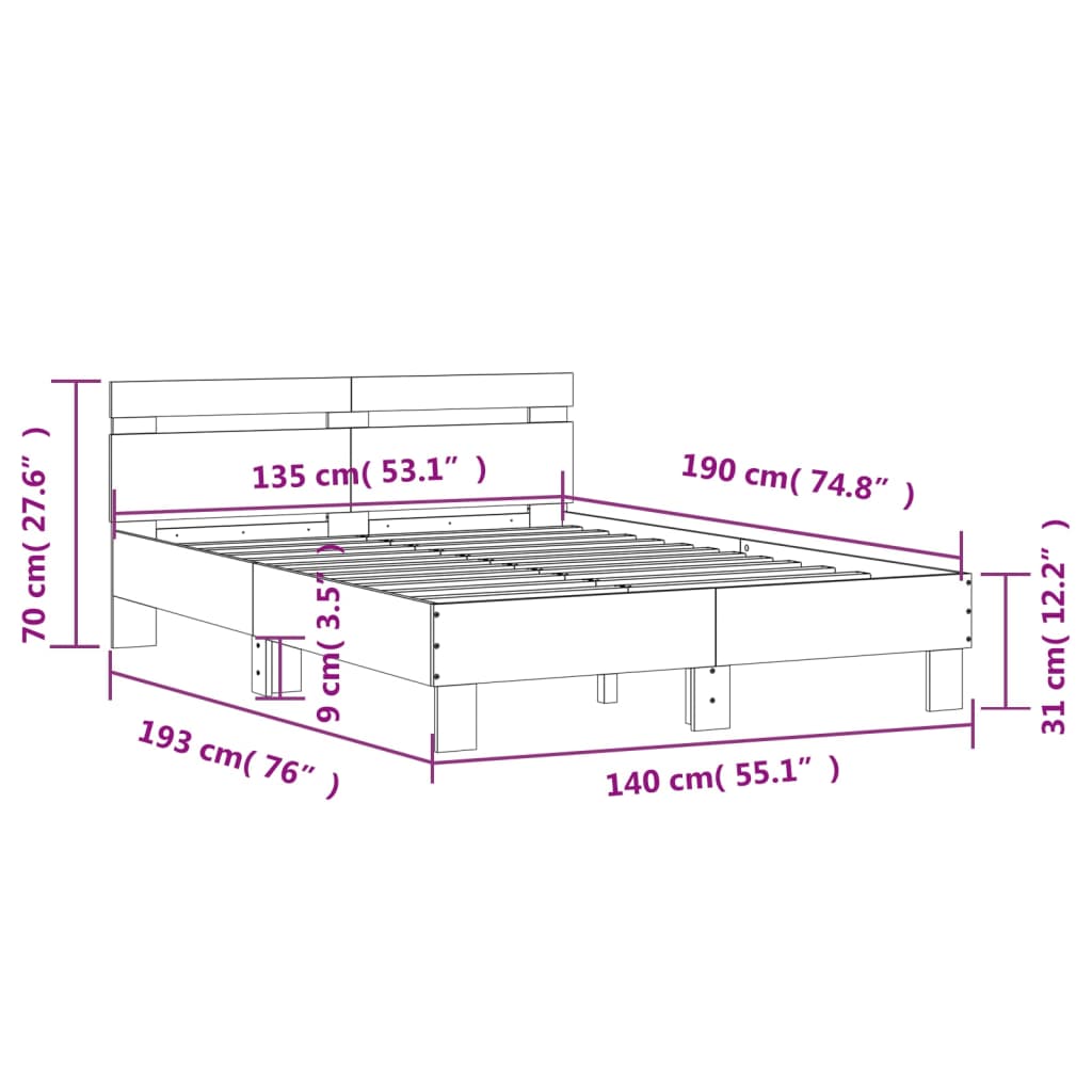 vidaXL Posteljni okvir z vzglavjem bel 135x190 cm inženirski les