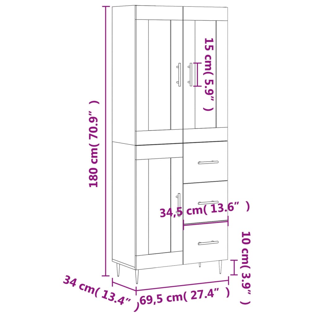 vidaXL Visoka omara bela 69,5x34x180 cm inženirski les