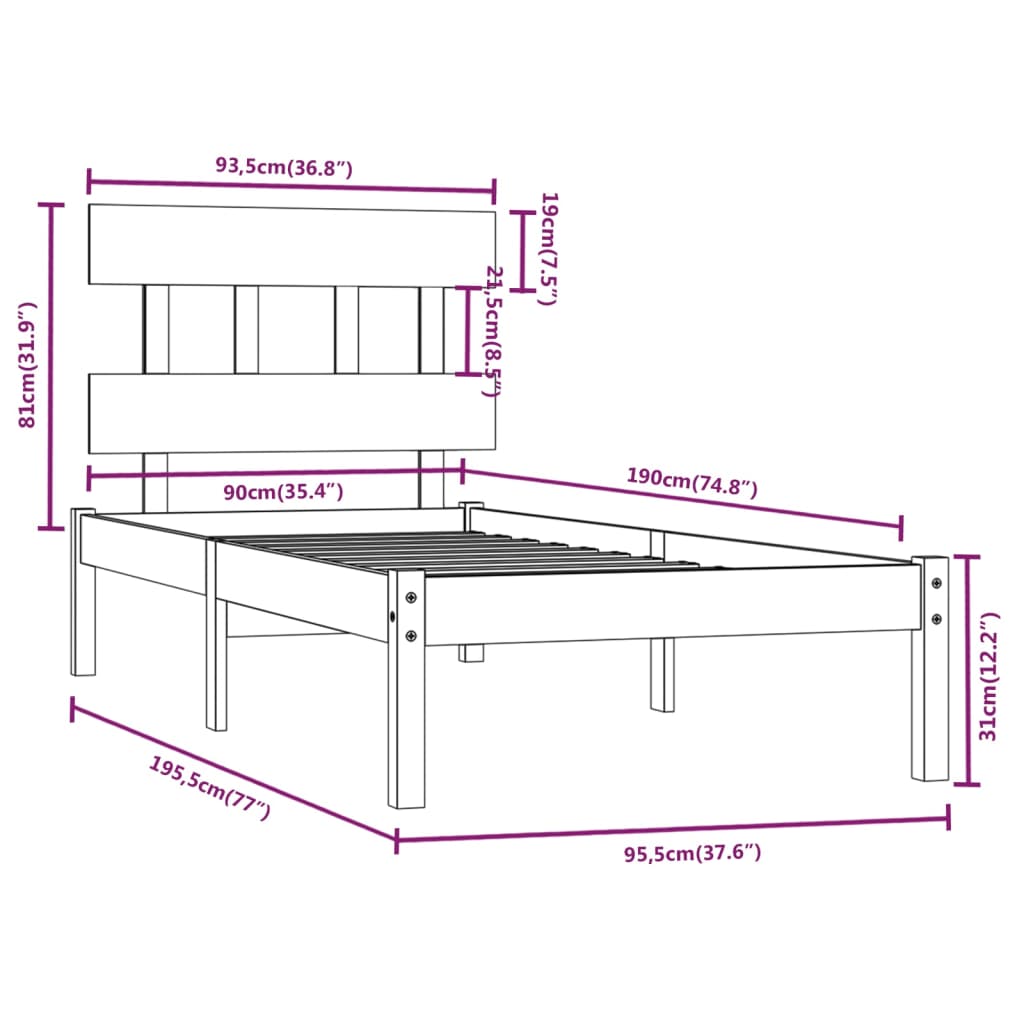 vidaXL Posteljni okvir črn iz trdnega lesa 90x190 cm