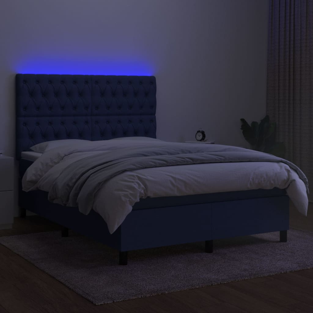 vidaXL Box spring postelja z vzmetnico LED modra 140x190 cm blago