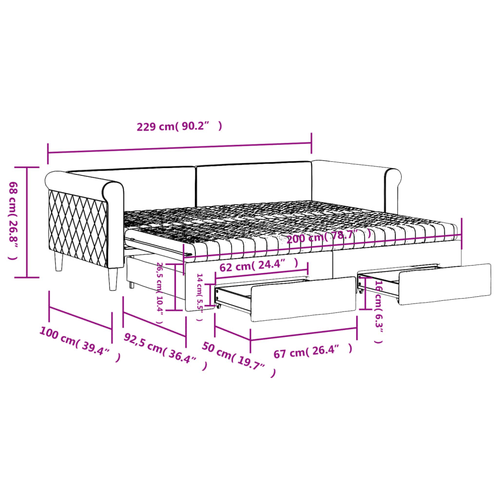 vidaXL Izvlečna dnevna postelja s predali temno siva 90x200 cm žamet