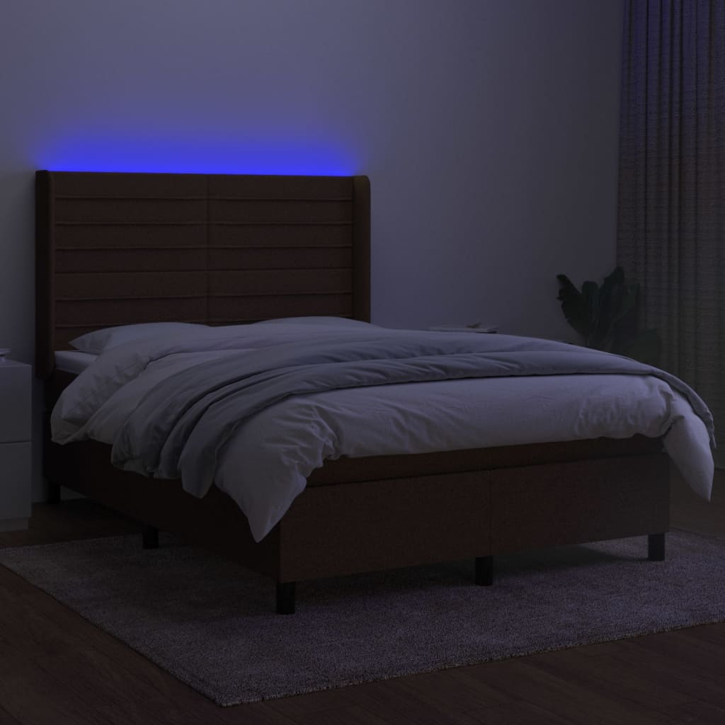 vidaXL Box spring postelja z vzmetnico LED temno rjava 140x200cm blago