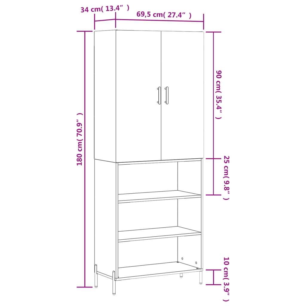 vidaXL Visoka komoda siva sonoma 69,5x34x180 cm inženirski les