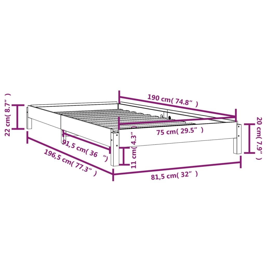 vidaXL Postelja 75x190 cm trdna borovina