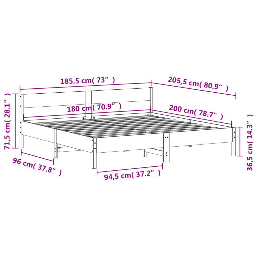 vidaXL Posteljni okvir brez vzmetnice bel 180x200 cm trdna borovina