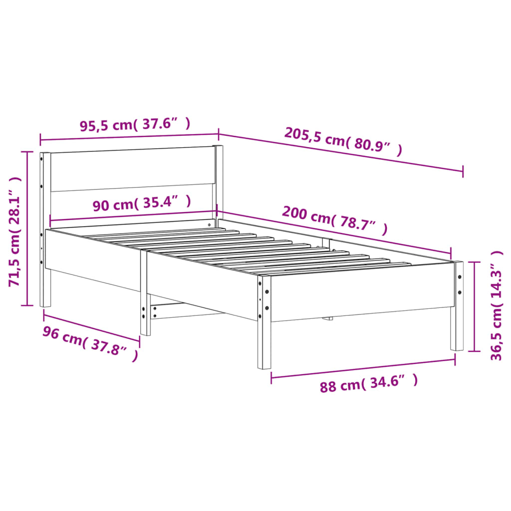 vidaXL Posteljni okvir brez vzmetnice bel 90x200 cm trdna borovina