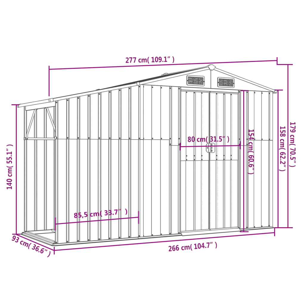 vidaXL Vrtna lopa siva 277x93x179 cm pocinkano jeklo