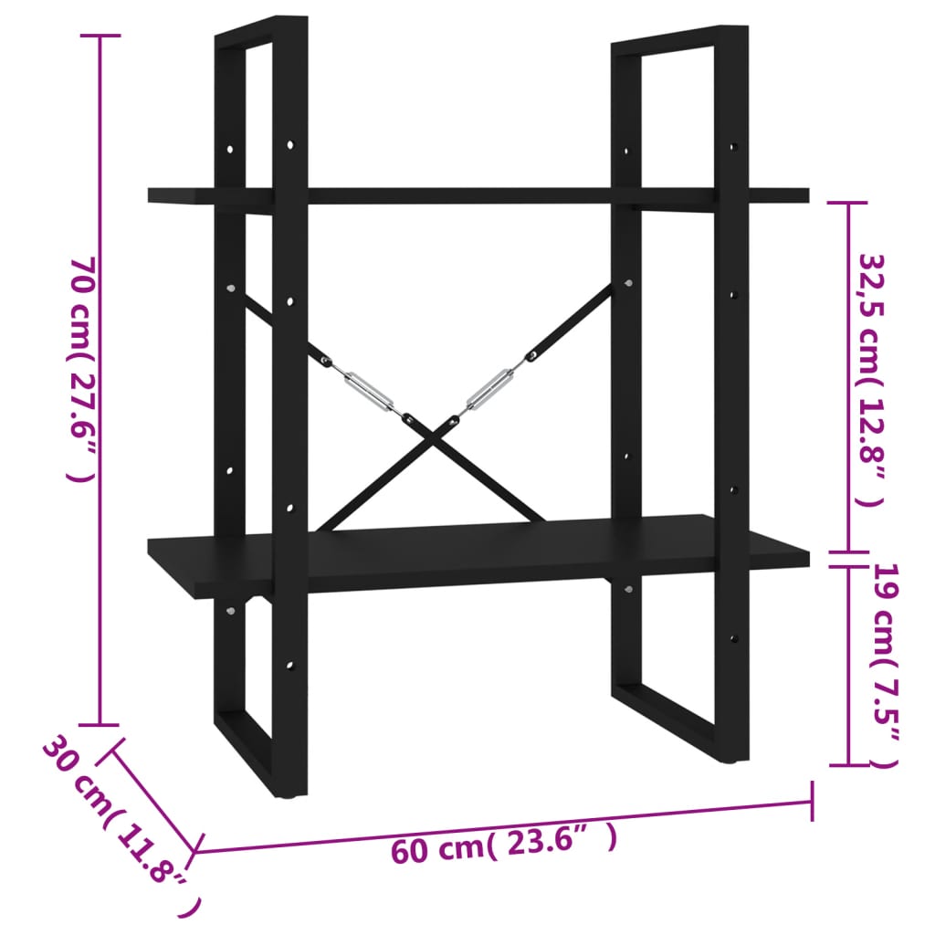 vidaXL Knjižna omara 2-nadstropna črna 60x30x70 cm iverna plošča