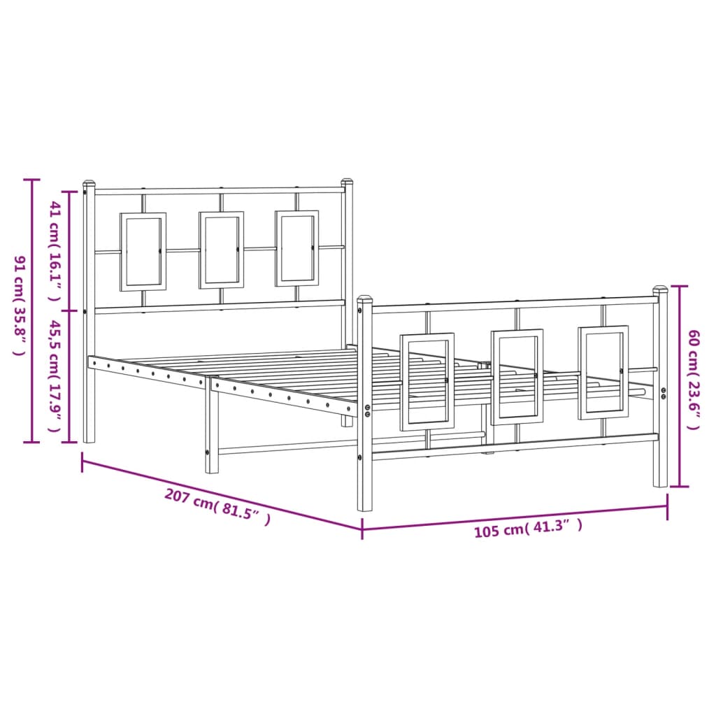 vidaXL Kovinski posteljni okvir z vzglavjem in vznožjem bel 100x200 cm