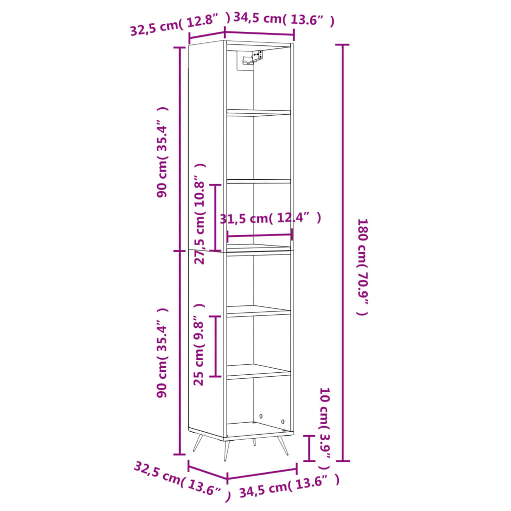 vidaXL Visoka omara siva sonoma 34,5x32,5x180 cm inženirski les